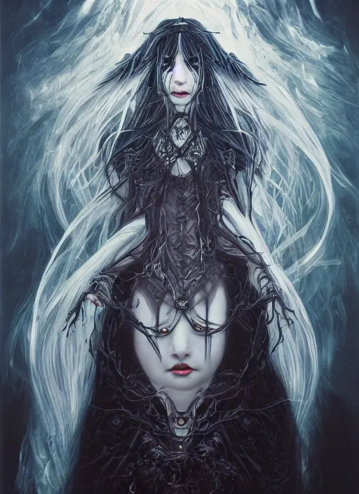 Image similar to breathtaking detailed art portrait painting of evil fantasy sorceress vampire, dark castle setting, with anxious, piercing eyes, amalgamation of spells, by Hsiao-Ron Cheng, James jean, Miho Hirano, Hayao Miyazaki, extremely moody lighting, Black paper, cut paper texture, Full of light-blue and silver and white layers, 8K, intricate detail, cgsociety, hyperrealistic, octane render, RPG portrait, ambient light, dynamic lighting