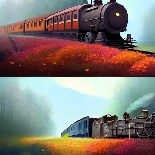 Image similar to Goro Fujita illustrating An antique steam train with a large white cloud coming out of the chimney travels through a beautiful autumn forest along the railroad tracks, art by Goro Fujita, concept art, sharp focus, ArtStation