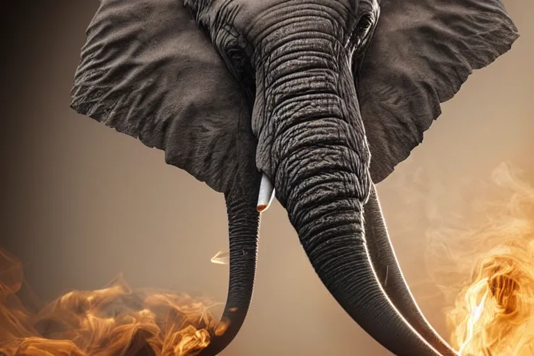 Image similar to ultra realistic photography, picture of ( subject : an elephant blowing smoke ). the scene is set in a gentlemens cigar lounge, a very smokey atmosphere, small thick clouds of cigar smoke, artstation, focus on the elephant, anatomically correct elephant features, extremely detailed and crisply sharp photo, hyperrealistic smoke, figma, sigma, 4 k