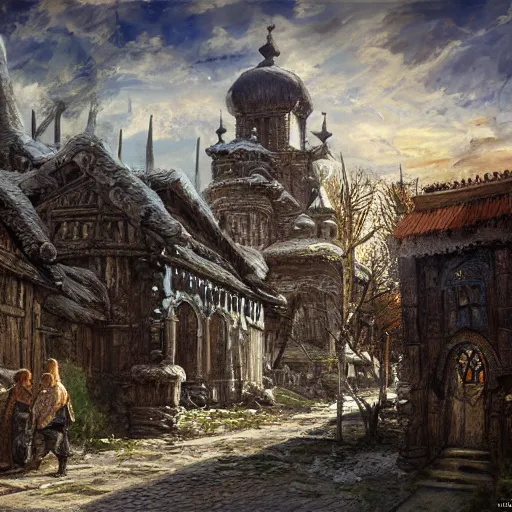 Prompt: photo ancient Slavic Russian city of Kitezh, painting by Viktor Vasnetsov, concept art, magical city, fantasy cityscape, ancient Slavs, wooden buildings, ancient Russian architecture, terem, hyperborea, top cinematic lighting , cinematic mood, very detailed, 8k, high resolution, trending on artstation, artstationHD,