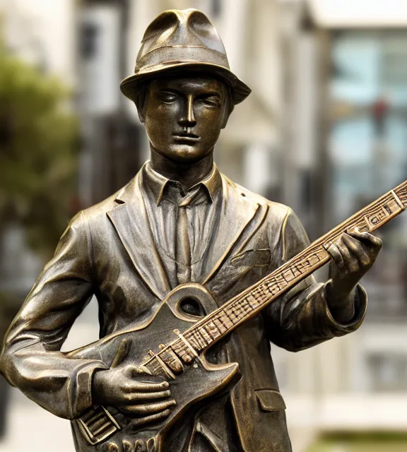 Prompt: a 4 k photorealistic photo medium shot of a bronze statue of a young man wearing a fedora holding a guitar.