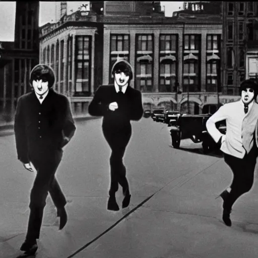 Image similar to the beatles on the run, citizen kane movie, 8 k higly detailed cinematic lighting, moma museum