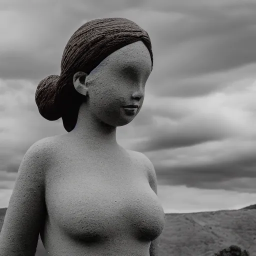 Image similar to a girl made out of clay surrounded by a biomorphic clouds in rolling hills, 5 0 mm lens, f 1. 4, sharp focus, ethereal, emotionally evoking, head in focus, volumetric lighting, 8 k