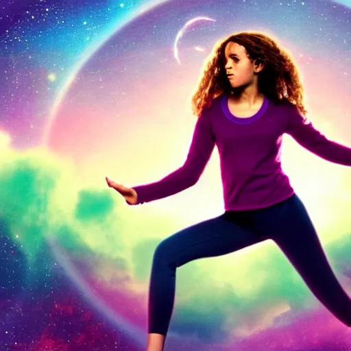 Image similar to hermione granger as yoga instructor in space, trending high quality art station, cinematic shot, magical colors and atmosphere, perfect composition, coherent, 8 k