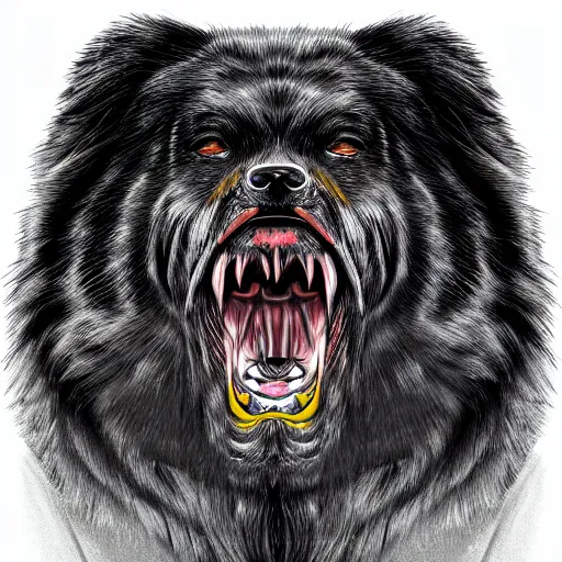 Prompt: An undead Tibetan Mastiff with insanely sharp teeth, empty eye sockets, Highly detailed digital art