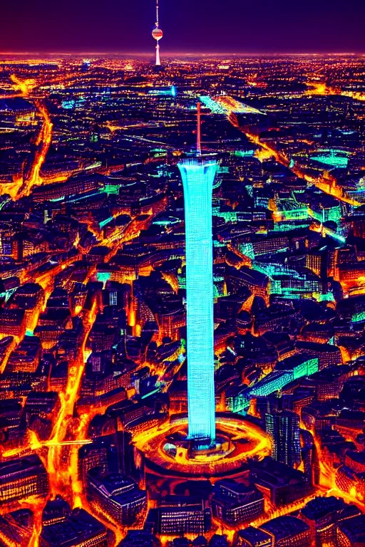 Image similar to neon streets of berlin television tower, 4 k, award winning photo, cyberpunk style