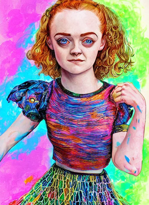 Prompt: surrealism psychedelic full body portrait sketch of evanna lynch as sadie sink as delirium of the endless in fishnet top and rainbow tutu skirt from the sandman, floating goldfish, green and blue eye heterochromia by alex ross, josh kirby, detailed, elegant, intricate