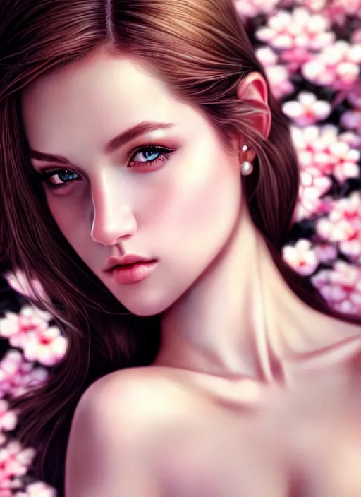 Prompt: a gorgeous female photo, professionally retouched, soft lighting, half body shot, realistic, smooth face, perfect eyes, symmetrical, wide angle, sharp focus on face, 8 k high definition, insanely detailed, intricate, elegant, art by artgerm, cherry blossoms