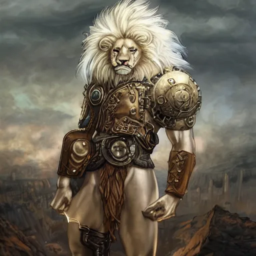 Prompt: aesthetic portrait commission of a albino muscular and attractive anthro lion as a greek steampunk god overlord with mane fur turning into industrial revolution smoke in the British clouds, fantasy art, hyperdetailed. Character design by charlie bowater, ross tran, artgerm, and makoto shinkai, detailed, inked, western comic book art, 2021 award winning painting