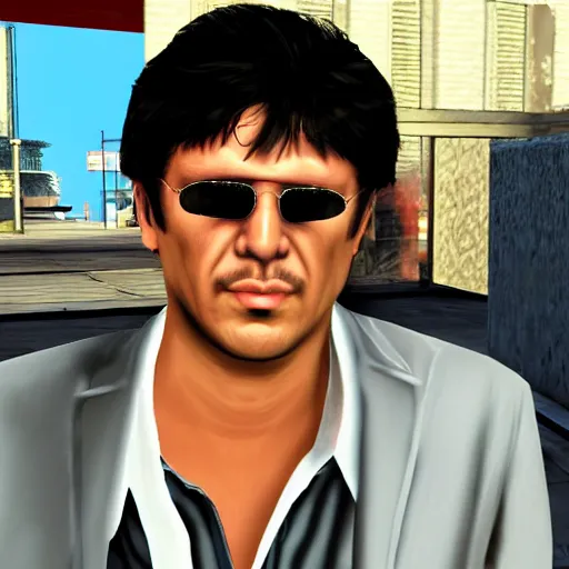 Prompt: screenshot of tony montana as a character in grand theft auto vice city videogame