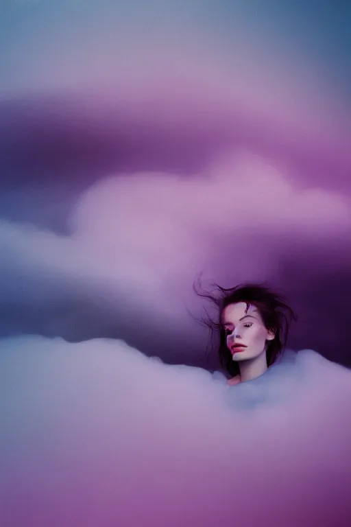 Image similar to high quality pastel coloured film close up wide angle photograph of a model wearing clothing resting on cloud furniture in a icelandic black rock!! environment in a partially haze filled dreamstate world. three point light, rainbow. photographic production. art directed. pastel colours. volumetric clouds. pastel gradient overlay. waves glitch artefacts. extreme facial clarity. 8 k. filmic.