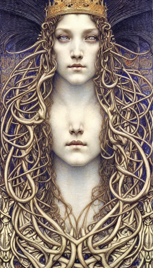 Image similar to detailed realistic beautiful young medieval queen face portrait by jean delville, gustave dore and marco mazzoni, art nouveau, symbolist, visionary, gothic, pre - raphaelite. horizontal symmetry