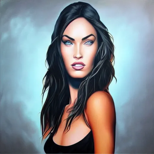 Prompt: “Megan Fox airbrush paintings, ultra detailed portrait, 4k resolution”