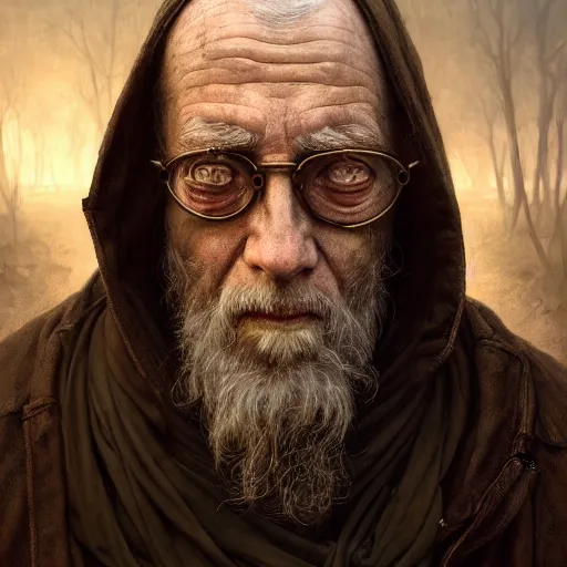 Image similar to portrait painting of a post - apocalyptic blind older american man wearing monk garbs, ultra realistic, concept art, intricate details, eerie, highly detailed, photorealistic, octane render, 8 k, unreal engine. art by artgerm and greg rutkowski and charlie bowater and magali villeneuve and alphonse mucha