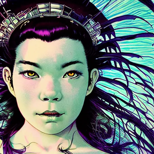 Image similar to portrait of crazy beautiful singer bjork, ymmetrical, by yoichi hatakenaka, masamune shirow, josan gonzales and dan mumford, ayami kojima, takato yamamoto, barclay shaw, karol bak, yukito kishiro