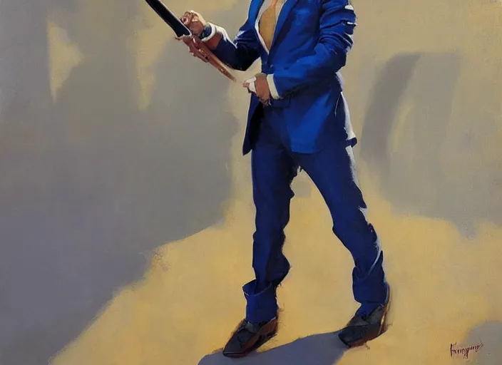 Image similar to greg manchess portrait painting of a blond man in a blue suit with a sword and a pistol, asymmetrical, profile picture, organic painting, sunny day, matte painting, bold shapes, hard edges, street art, trending on artstation, by huang guangjian, gil elvgren, ruan jia, randy vargas, greg rutkowski