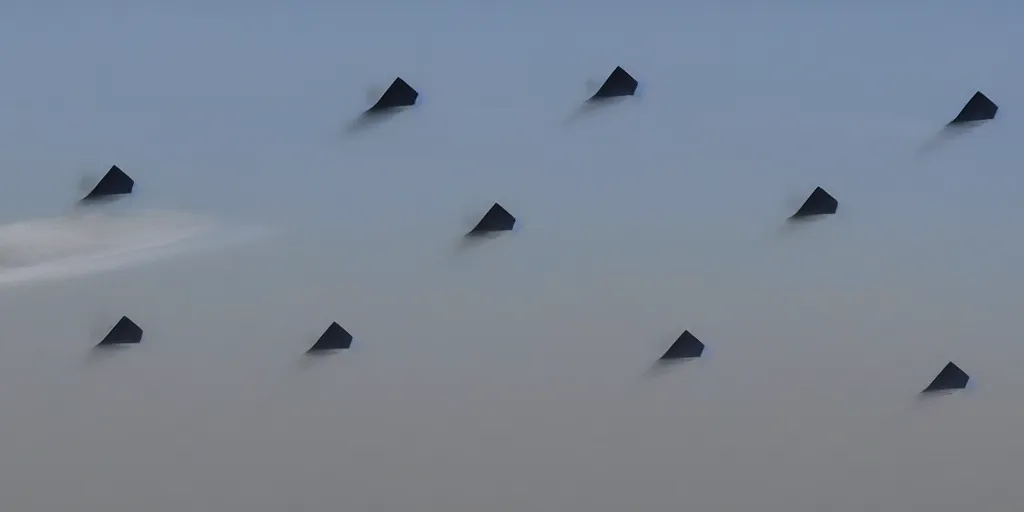 Image similar to an infinite convoy line of F-22's in the sky , extreme wide shot, infinite regression