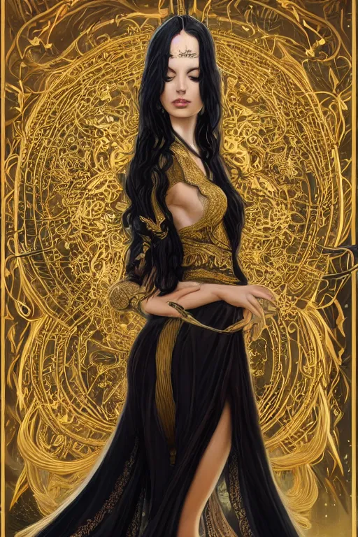 Prompt: fullbody!! of a beautiful woman with long black hair, big natural horns on her head, long flowing intricate dress, gold jewellery, dnd, face, fantasy, intricate, elegant, highly detailed, digital painting, artstation, concept art, smooth, sharp focus, illustration, art by artgerm and greg rutkowski and alphonse mucha