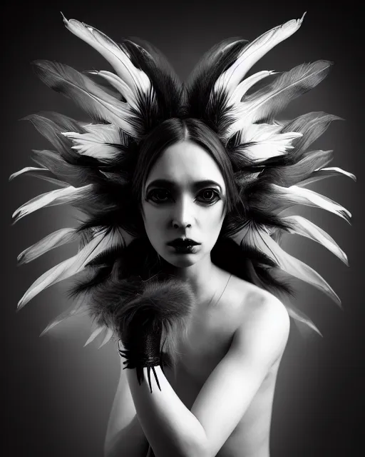 Image similar to surreal mythical dreamy dark artistic black and white fine art 3 / 4 portrait photo of a young delicate mutant female - cyborg - vegetal - orchid - bird with long pale feather hair, rim light, cinematic, studio dramatic light, poetic, octane render, 8 k, photo - realistic