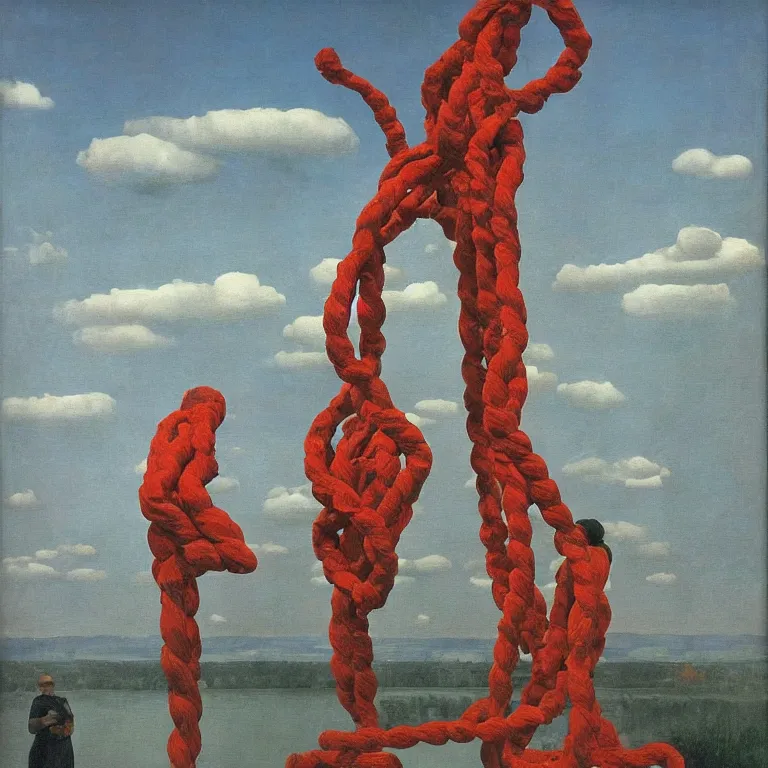 Image similar to A Monumental Public Sculpture of a 'Triumphant Hercules made out of Red Rope Licorice' on a pedestal by the lake, surreal oil painting by Rene Magritte and Max Ernst shocking detail hyperrealistic!! Cinematic lighting