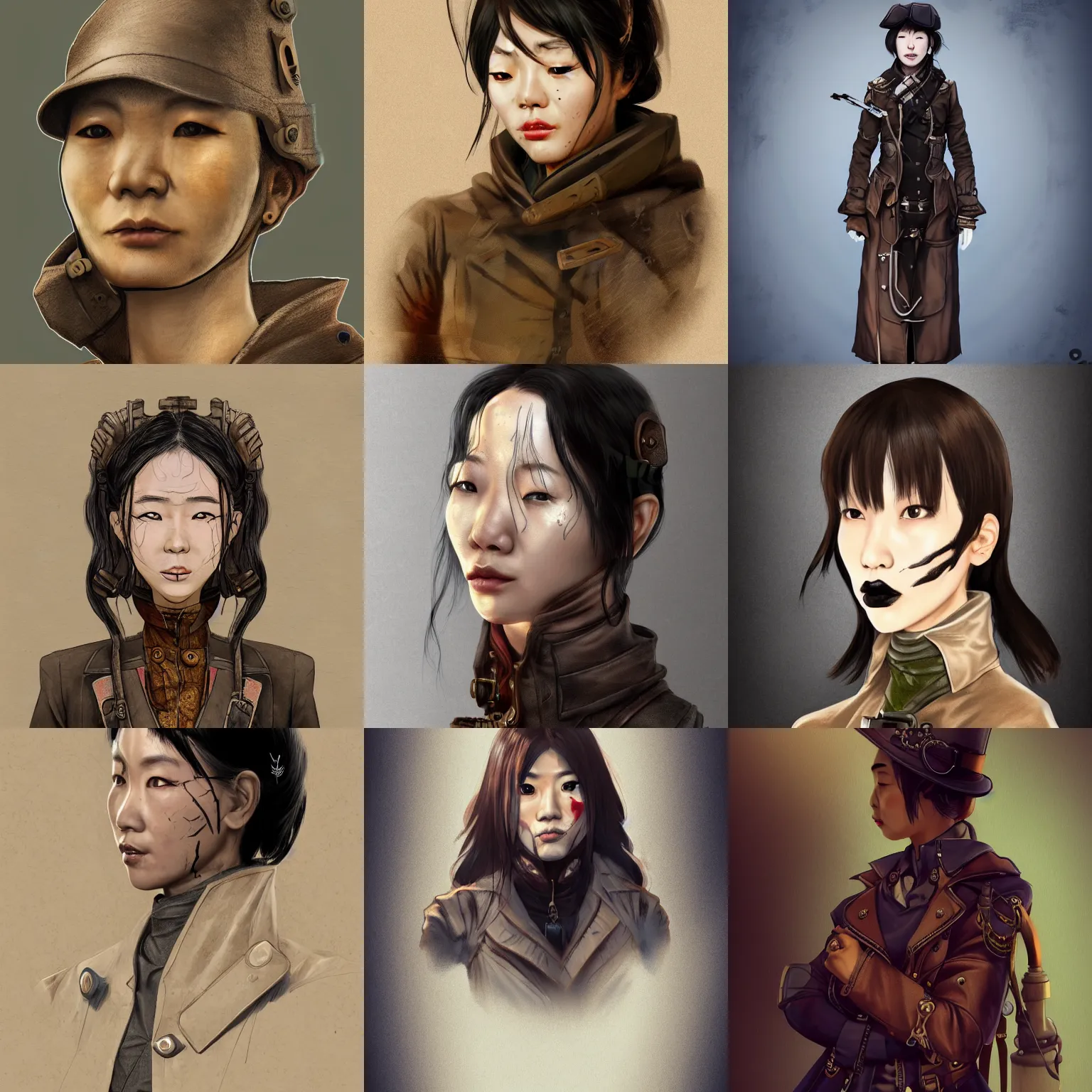 Prompt: illustration chara design, full view portrait, steampunk, a tired asian woman, neck and jaw are full of burnt scars, trench coat, army boots, holding taser stick, artstation, reaslitic shader, 4k, realistic lighting