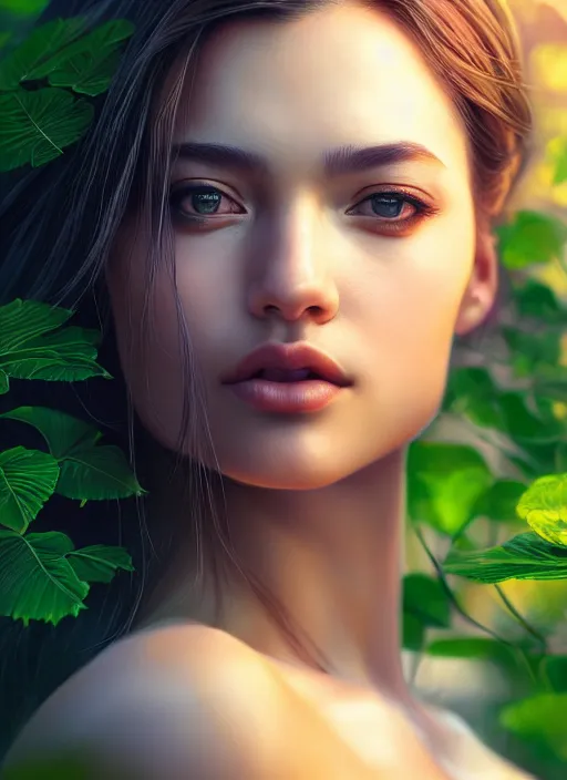 Image similar to photo of a gorgeous female in the style of stefan kostic, realistic, half body shot, sharp focus, 8 k high definition, insanely detailed, intricate, elegant, art by stanley lau and artgerm, extreme bokeh foliage