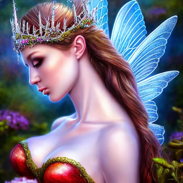 Image similar to beautiful adult fairy queen, highly detailed, 4 k, hdr, smooth, sharp focus, high resolution, award - winning photo, anne stokes, photorealistic, hyper realistic