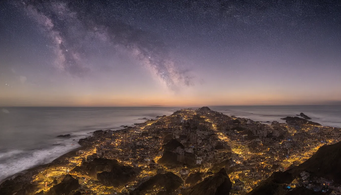 Image similar to coast of Lima, Peru at dusk with a Milky Way sky photographed in 4K, photorealistic