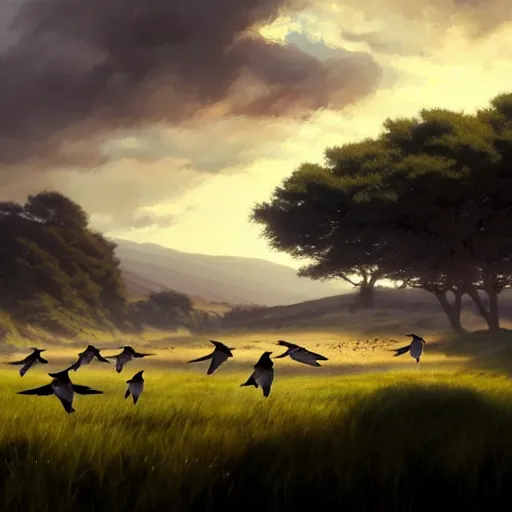 Prompt: closeup flock of swallow birds flying in avila, golondrinas, green fields, oak, spring season, 4 k, morning light, concept art, by wlop, ilya kuvshinov, artgerm, krenz cushart, greg rutkowski, pixiv. cinematic dramatic atmosphere, sharp focus, volumetric lighting, cinematic lighting, studio quality