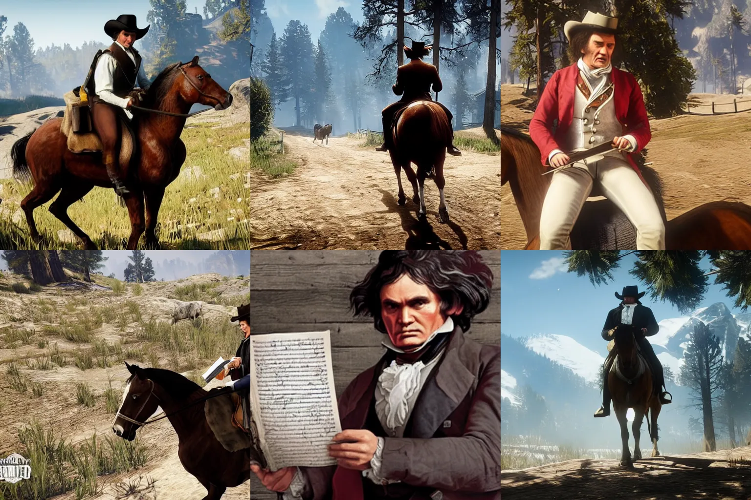 Prompt: ludwig van beethoven reading sheet music and riding a horse in red dead redemption 2