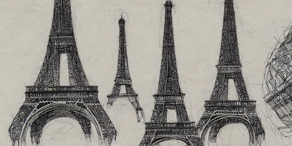 Image similar to architectural design studies of Eiffel Tower, different closeup view, drawn by Leonardo da vinci, ink and pen draw, artistic, intricated