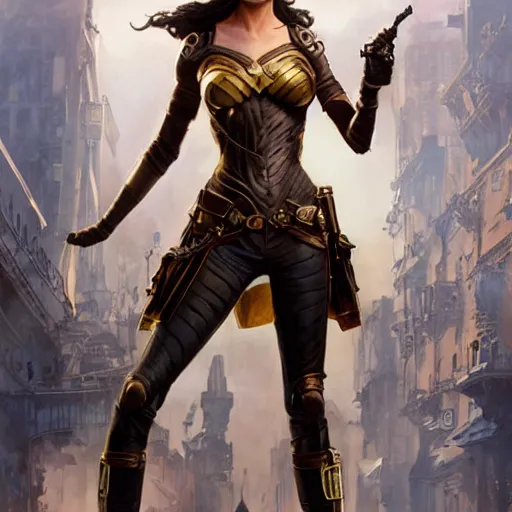 Image similar to highly detailed steampunk gal gadot standing, artgerm, greg rutkowski, magali villeneuve