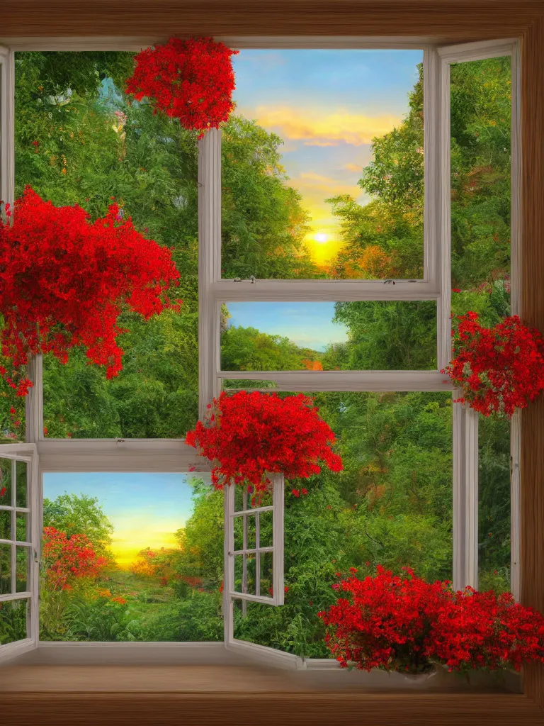 Image similar to a interior photo of a vintage house single window with view to the sunrise near some red flowers, hyperrealistic, digital painting, masterpiece, high quality, highly detailed, high coherence, path traced, serene landscape, beautiful, elegant, bloom, godrays, complementary colors, natural lighting, symmetrical, low contrast, geometrically correct