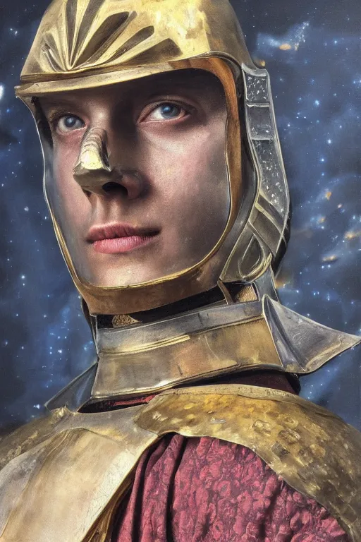 Image similar to hyperrealism oil painting, close - up portrait of caucasian medieval fashion model, knight, steel gradient mixed with nebula sky, in style of baroque mixed with 7 0 s japan book art