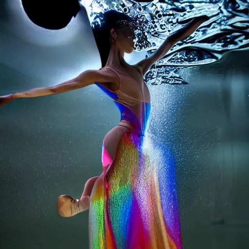 Prompt: Beautiful Fashion photography extreme closeup portrait of feminine ballet silhouette dancing half submerged in heavy nighttime paris floods, water to waste, wearing a translucent refracting rainbow diffusion wet plastic zaha hadid designed specular highlights raincoat by Nabbteeri, épaule devant pose, ultra realistic, Kodak , 4K, 75mm lens, three point perspective, , chiaroscuro, highly detailed, by moma, by Nabbteeri