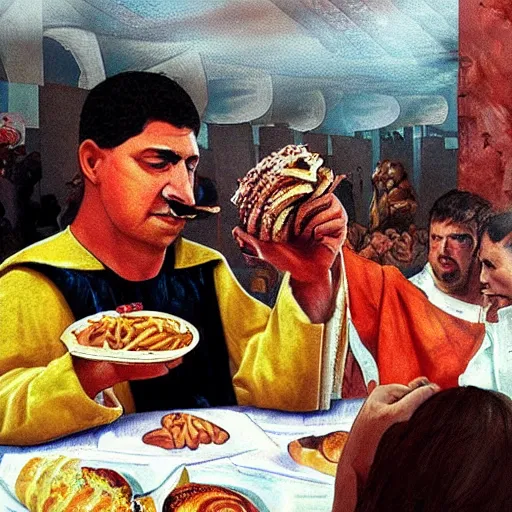 Image similar to roman emperor eating fast food at the olympic games, photo realism