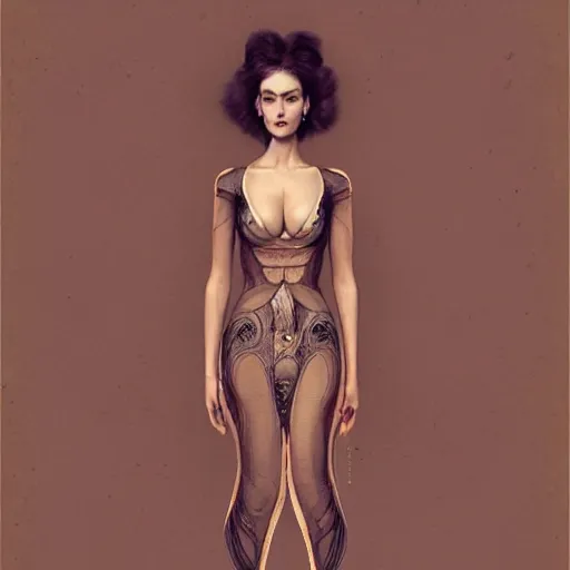 Prompt: wearing a full tight curvy long dress female, soft painting of lifelike curiosities and illusions, perfectly detailed linework, symmetrical accurate intricate sensual features, highly detailed, artstation, sharp focus, tom bagshaw