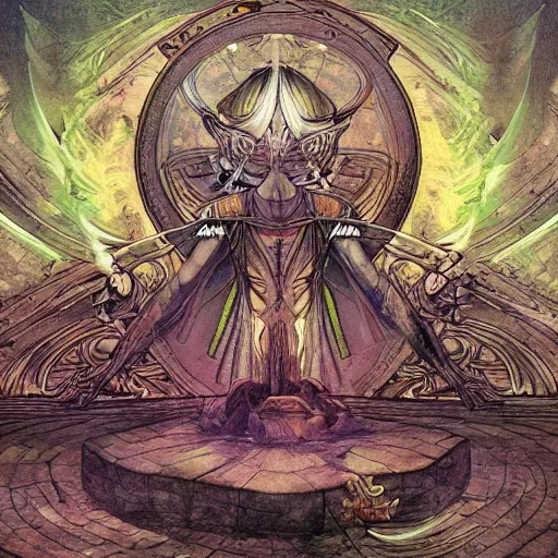 Image similar to album art priest casting divine spacesword spell , in the style of Greg Broadmore and Arthur Rackham and Moebius,trending on artstation, light lighting side view,digital art,surrealism ,macro,blueprint ,vaporwave ,