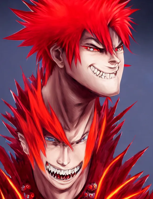 Image similar to a detailed manga portrait of a menacing tall boy with spiked crimson hair and an evil grin in fiery crimson crystalline armour, trending on artstation, digital art, 4 k resolution, detailed, high quality, sharp focus, hq artwork, coherent, insane detail, character portrait