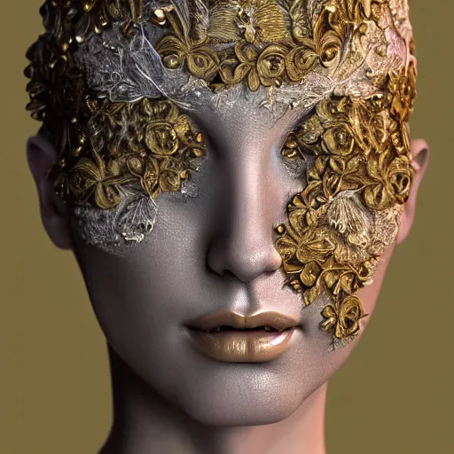 Image similar to beatifull face portrait of a woman, 150 mm, anatomical, flesh, flowers, mandelbrot fractal, facial muscles, veins, arteries, intricate, golden ratio, full frame, microscopic, elegant, highly detailed, ornate, ornament, sculpture, elegant , luxury, beautifully lit, ray trace, unreal, 3d, PBR, in the style of peter Gric , alex grey and Romero Ressendi