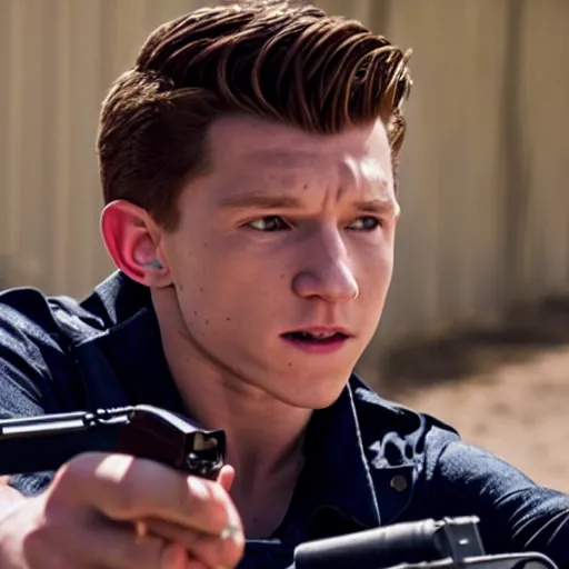 Prompt: film still of tom holland as maverick in too gun