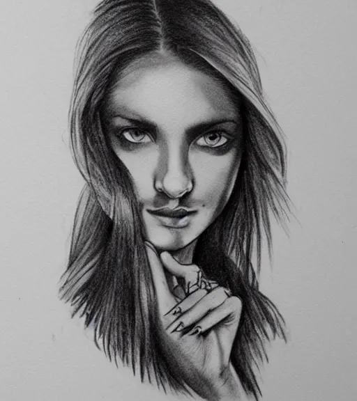 Image similar to tattoo design sketch of a beautiful girl portrait in front of a faded mountain background, in the style of den yakovlev, black and white, realism tattoo, hyper realistic, highly detailed