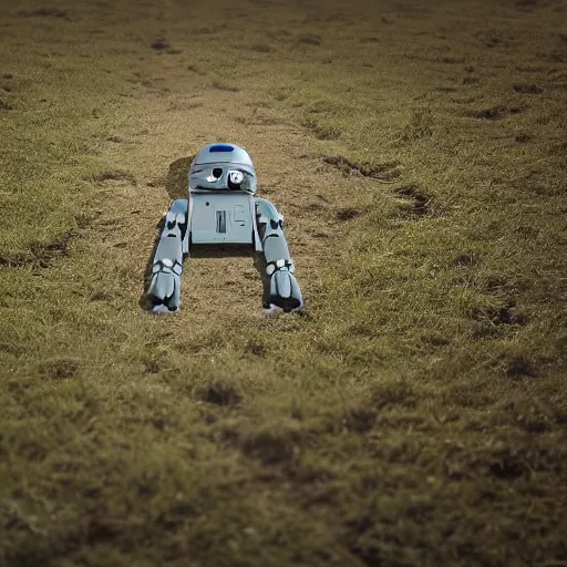 Prompt: upper torso droid, with no legs, hovering above a field with a stream running through it