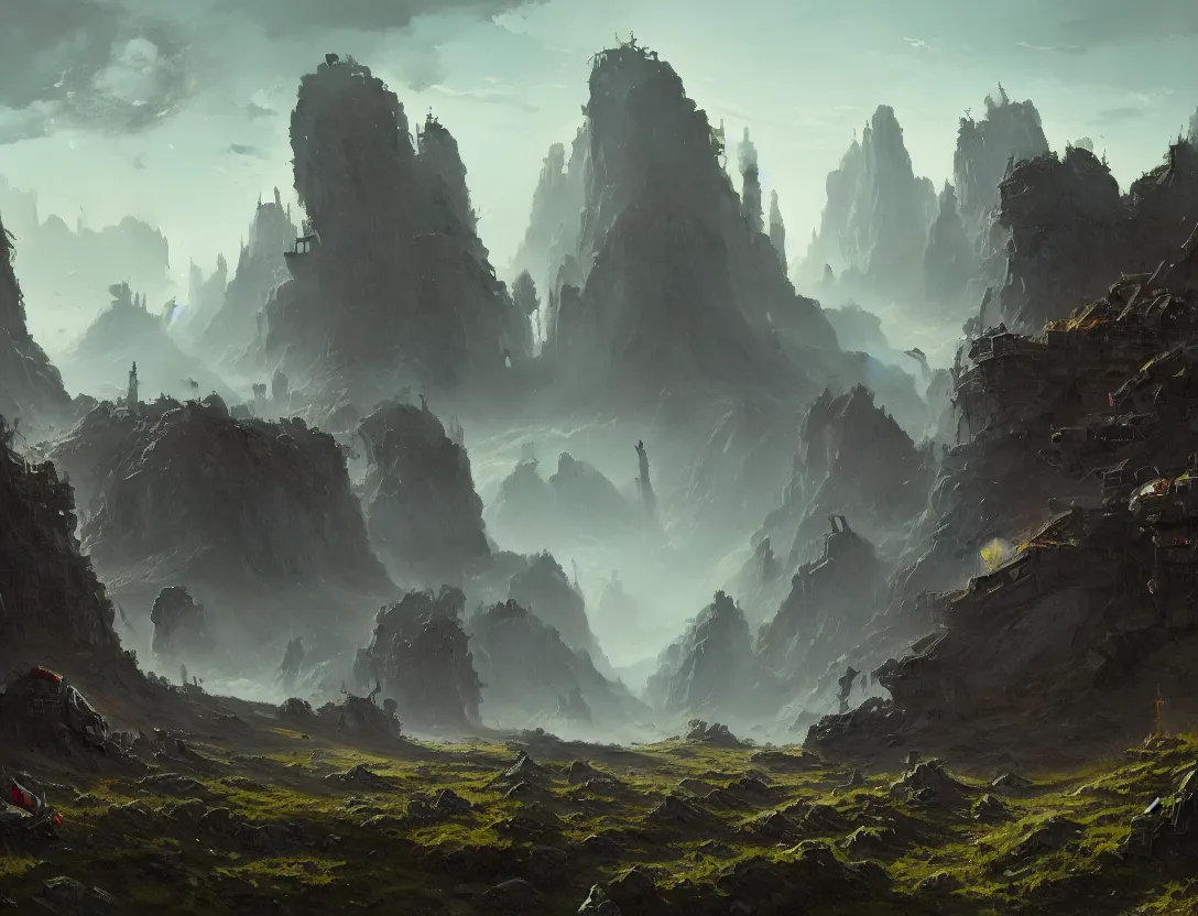 Prompt: the concept illustration of wasteland, ruins after the battle, desolate world, moss creeping up the ruins, rock high mountains in background, the broken remains of mechs, greg rutkowski, james gurney, johannes voss, john harris, alena aenami artworks in 4 k