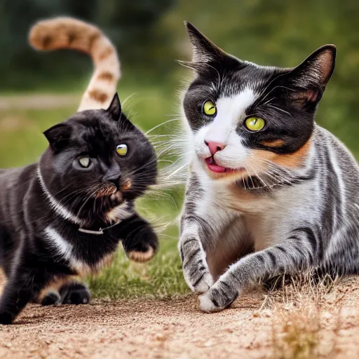 Prompt: a cat fighting a dog, professional photography