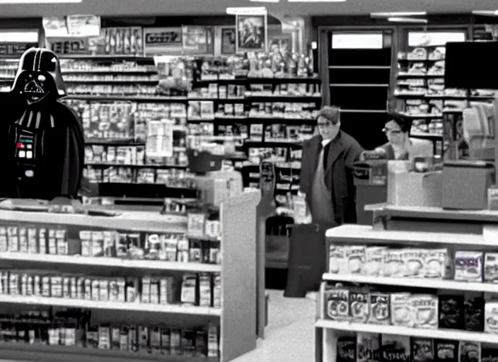 Image similar to film still of Darth Vader working as a clerk in a convenience store in the new Clerks movie 1994