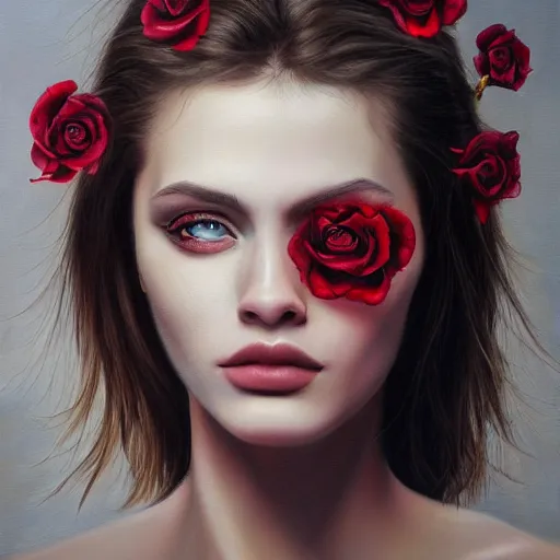 Prompt: hyperrealism matte oil painting, fashion model portrait roses in eyes