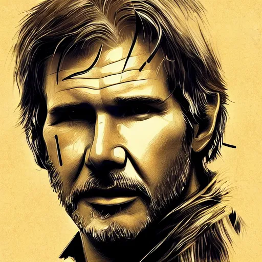 Image similar to portrait of harrison ford as han solo, fantasy, intricate, elegant, digital painting, trending on artstation, concept art, sharp focus, illustration by russ mills, 4k.