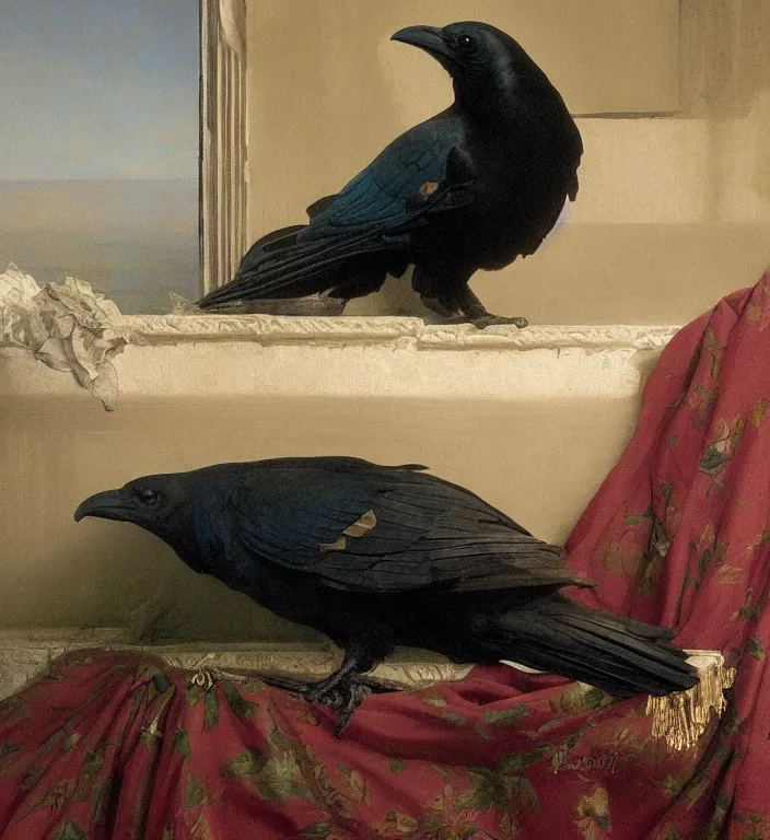 Image similar to a beautifully photoreal clear detailed victorian portrait of a close up raven on a victorian windowsill with an ornate velvet teal curtain at beautiful sunset daytime nature sunlit painting by frederic leighton and turner and rosetti, 8 k, octane render