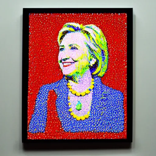 Prompt: very very very colorful pointillist portrait of hillary clinton wearing a beautiful necklace, painted by georges seurat